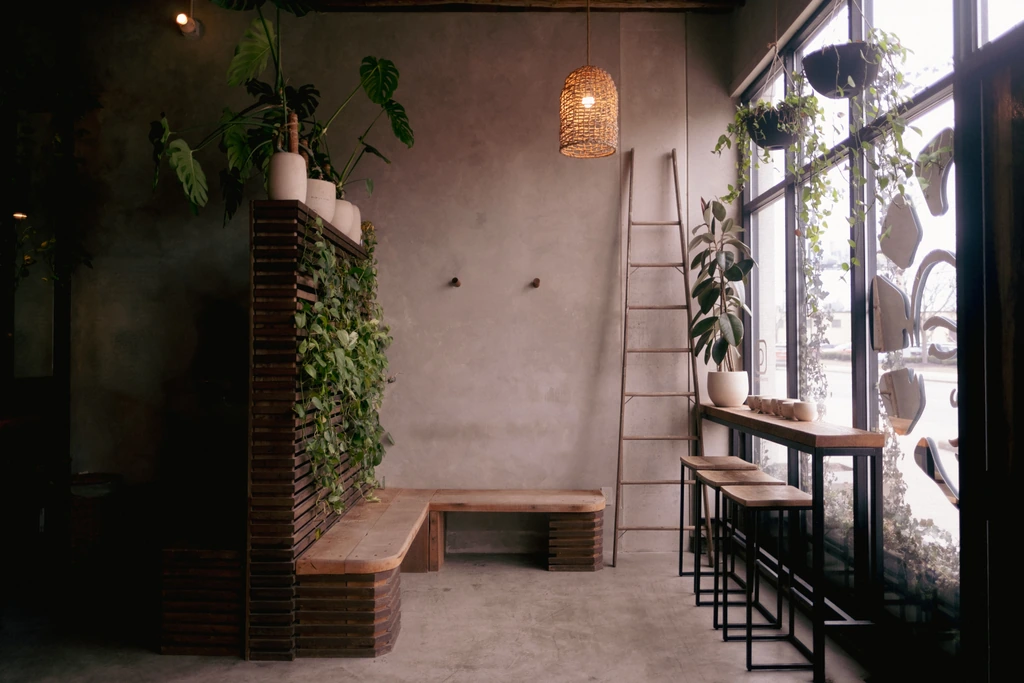 The REWILD YOGA lobby with limewashed walls, living plants, reclaimed wood benches, a ladder, and a woven hanging light.